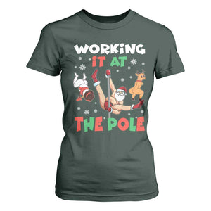 Funny Christmas Naughty Santa T Shirt For Women Working It At The Pole TS11 Dark Forest Green Print Your Wear