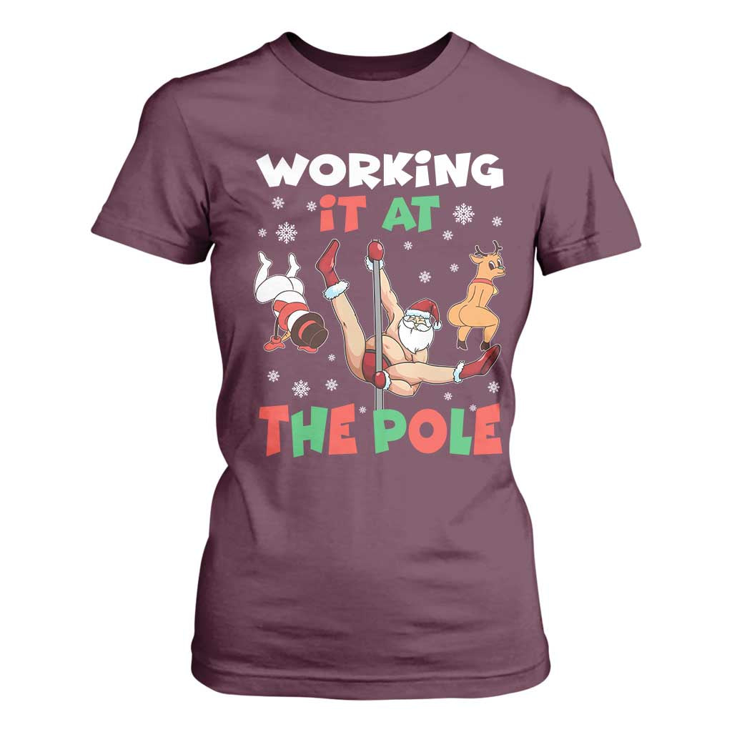 Funny Christmas Naughty Santa T Shirt For Women Working It At The Pole TS11 Maroon Print Your Wear