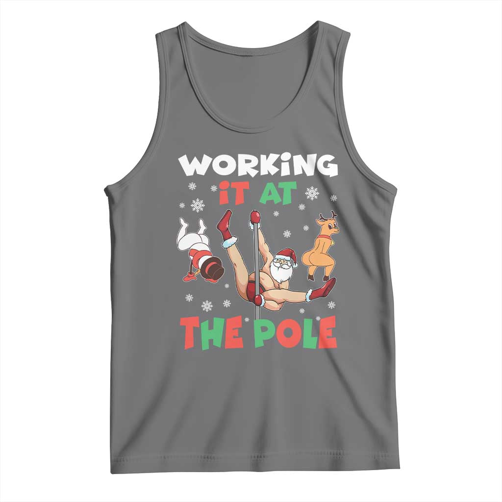 Funny Christmas Naughty Santa Tank Top Working It At The Pole TS11 Black Heather Print Your Wear