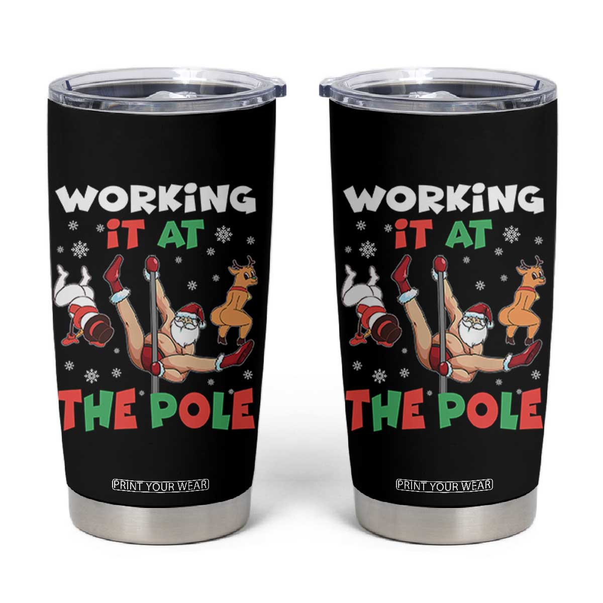 Funny Christmas Naughty Santa Tumbler Cup Working It At The Pole TS11 Black Print Your Wear