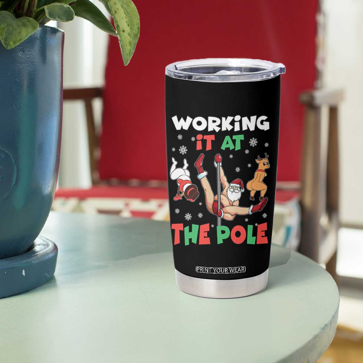 Funny Christmas Naughty Santa Tumbler Cup Working It At The Pole TS11 Print Your Wear