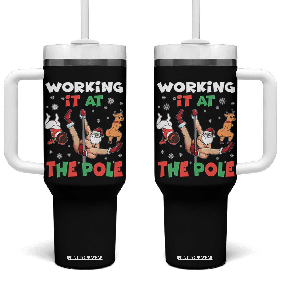 Funny Christmas Naughty Santa Tumbler With Handle Working It At The Pole TS11 One Size: 40 oz Black Print Your Wear