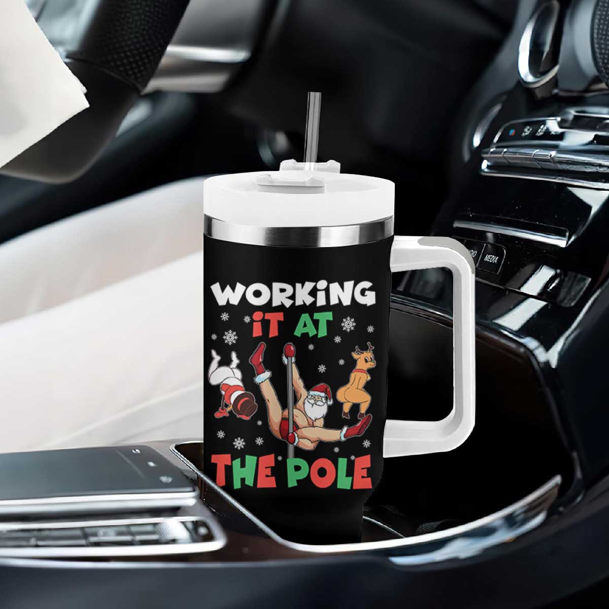 Funny Christmas Naughty Santa Tumbler With Handle Working It At The Pole TS11 Print Your Wear