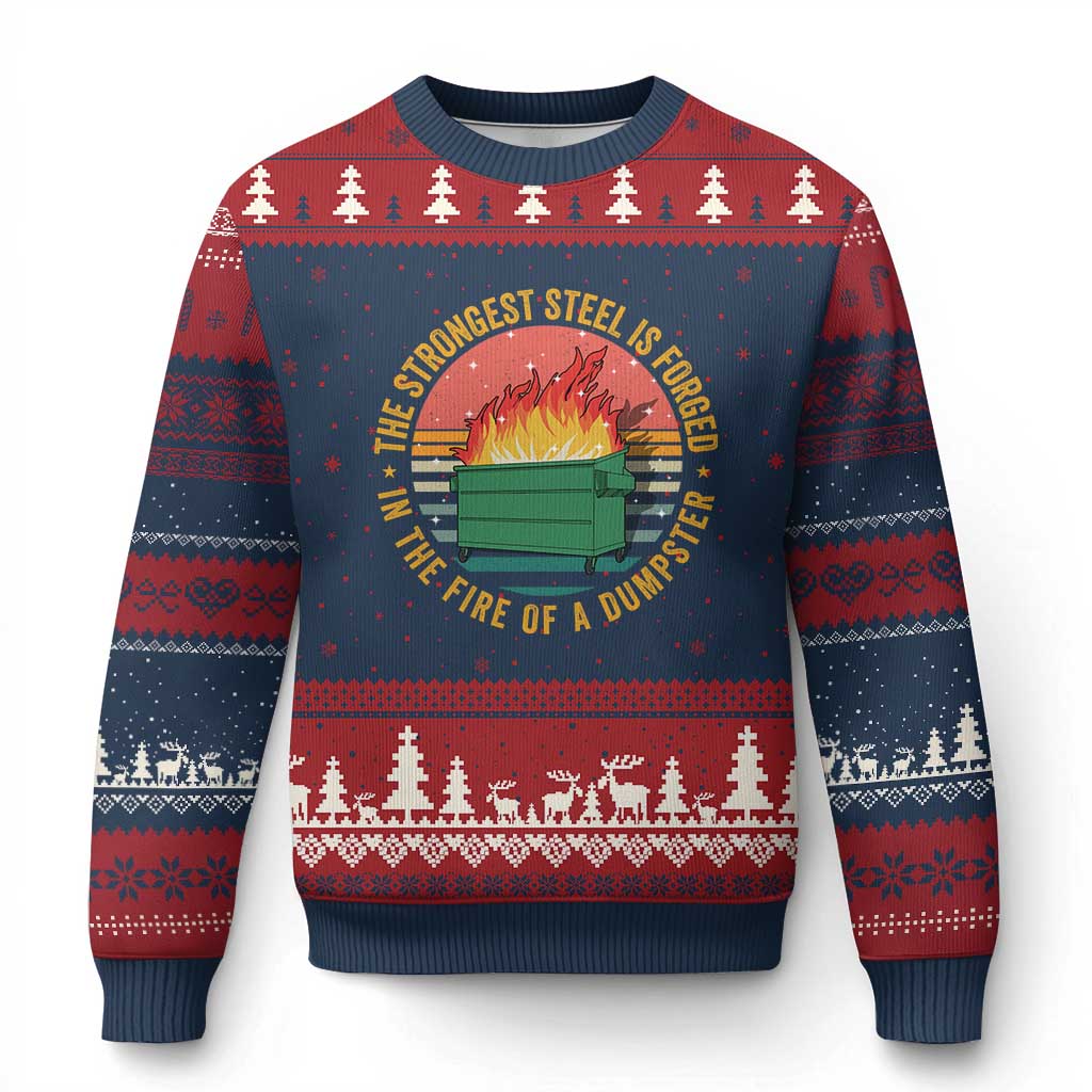 Funny Lil Dumpster Fire Ugly Christmas Sweater The Strongest Steel Is Forged In The Fire Of A Dumpster TS11 Navy Red Print Your Wear