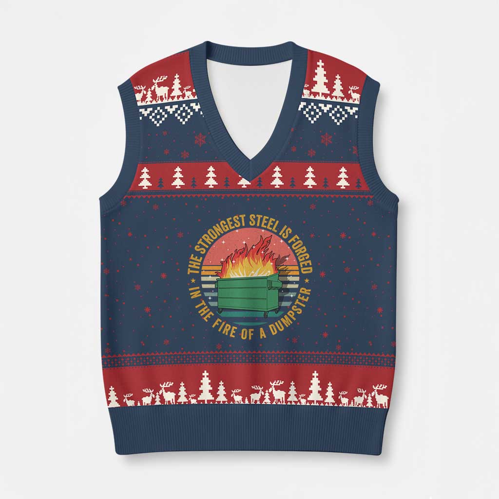 Funny Lil Dumpster Fire V-Neck Knit Sweater Vest The Strongest Steel Is Forged In The Fire Of A Dumpster TS11 Navy Red Print Your Wear