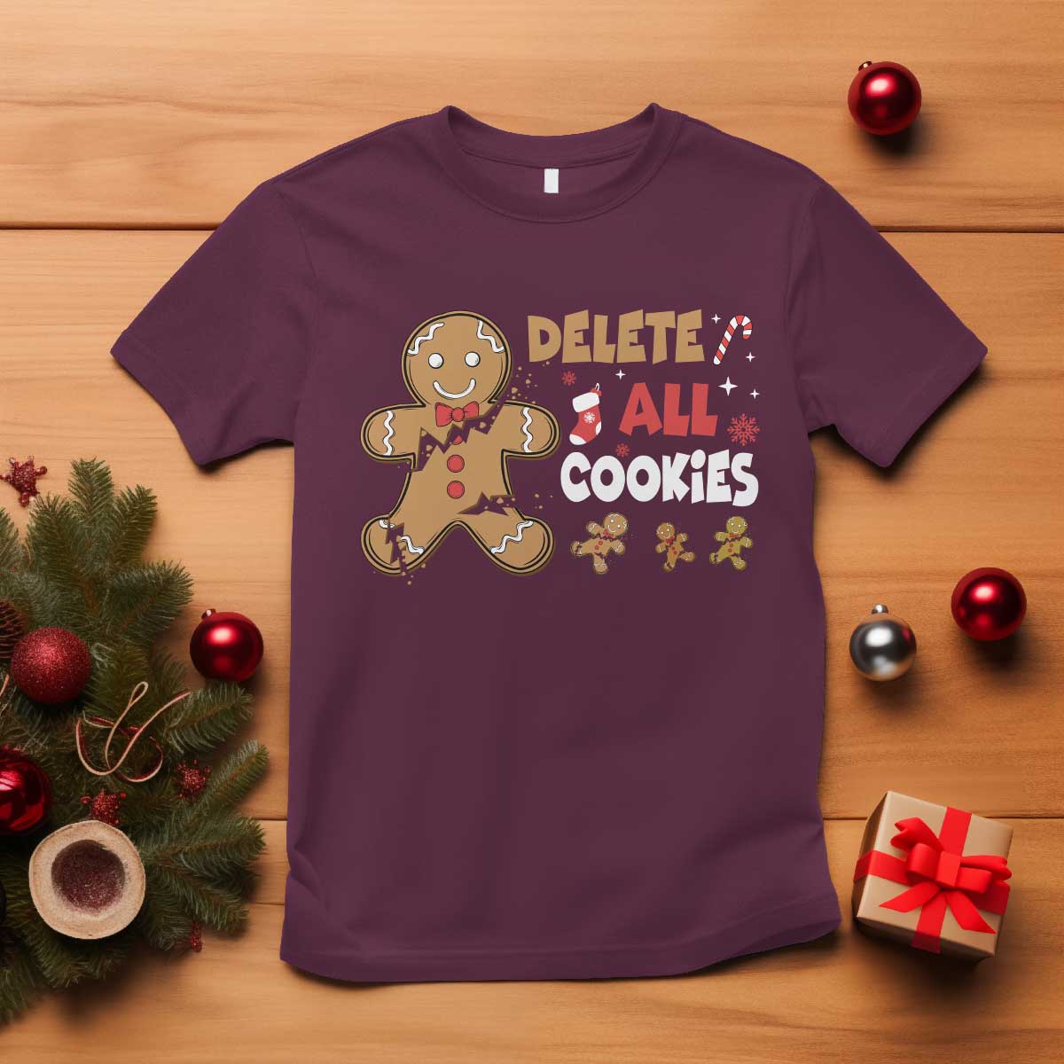 Funny Christmas Delete All Cookies T Shirt Xmas Gingerbread - Print Your Wear