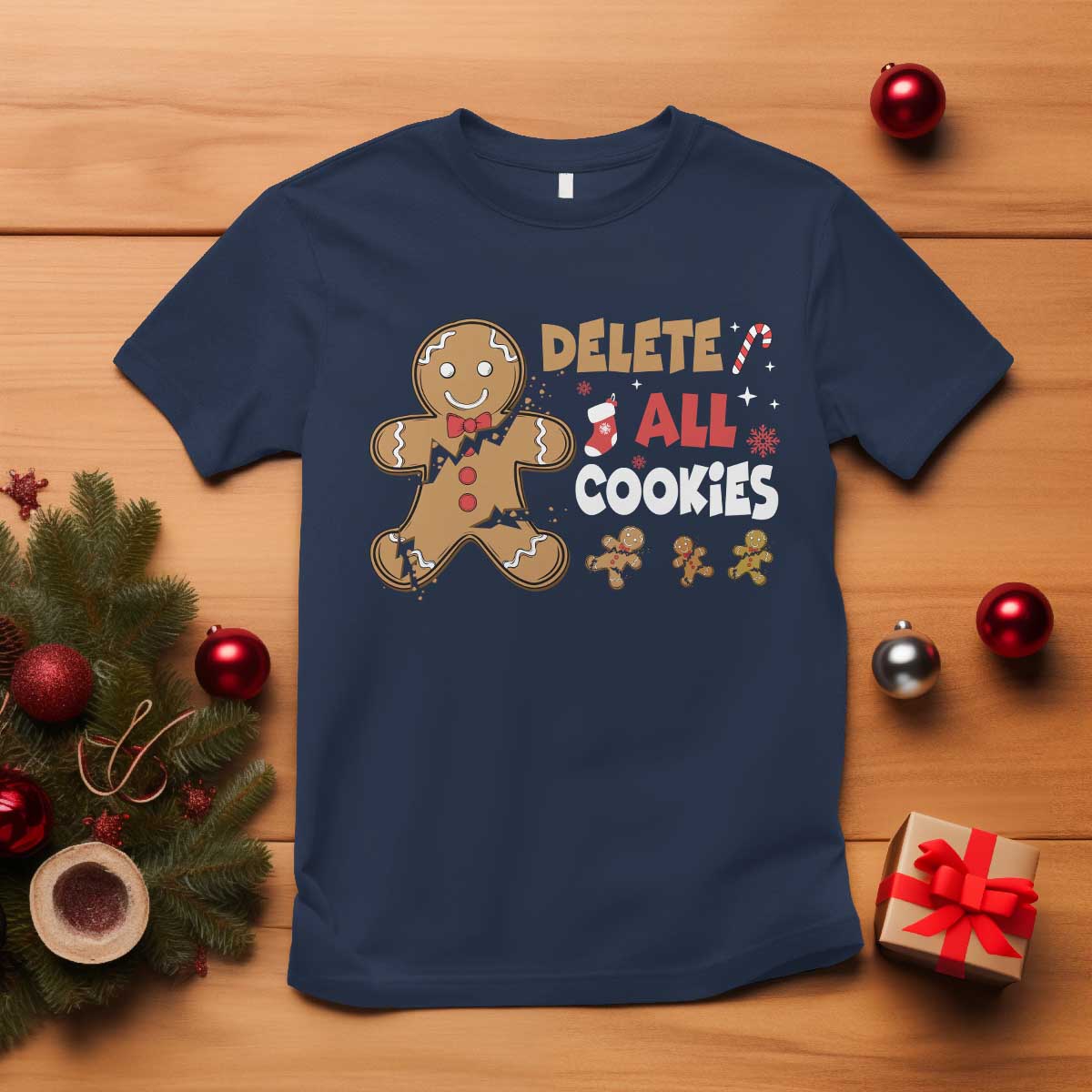 Funny Christmas Delete All Cookies T Shirt Xmas Gingerbread - Print Your Wear