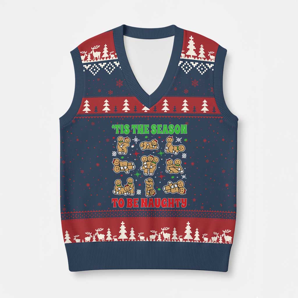 Funny Xmas Tis The Season To Be Naughty V-Neck Knit Sweater Vest Xmas Adult Humor Gingerbread TS11 Navy Red Print Your Wear