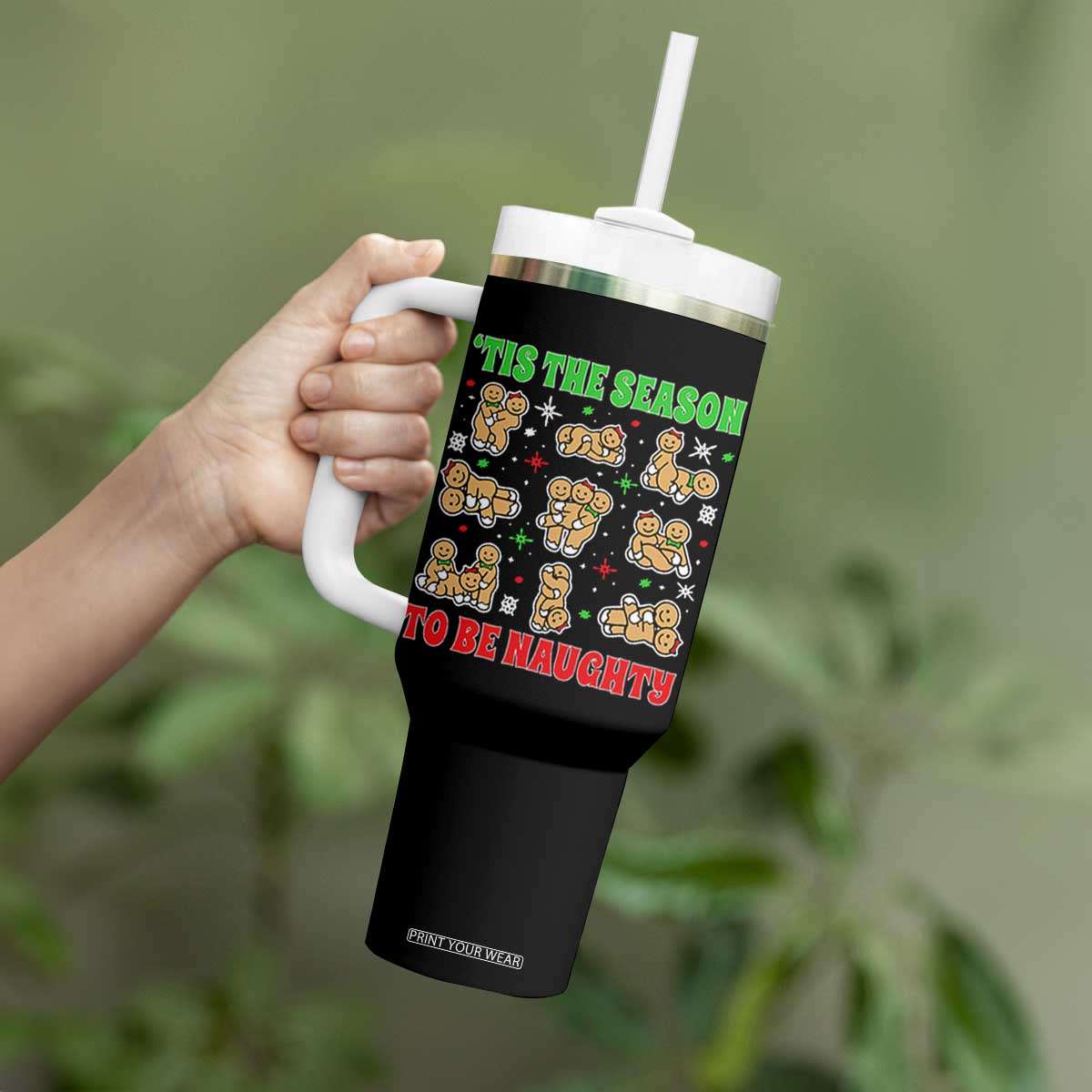 Funny Xmas Tis The Season To Be Naughty Tumbler With Handle Xmas Adult Humor Gingerbread TS11 Print Your Wear