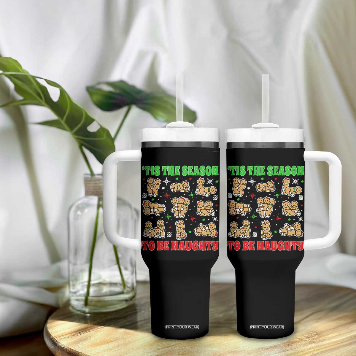 Funny Xmas Tis The Season To Be Naughty Tumbler With Handle Xmas Adult Humor Gingerbread TS11 Print Your Wear