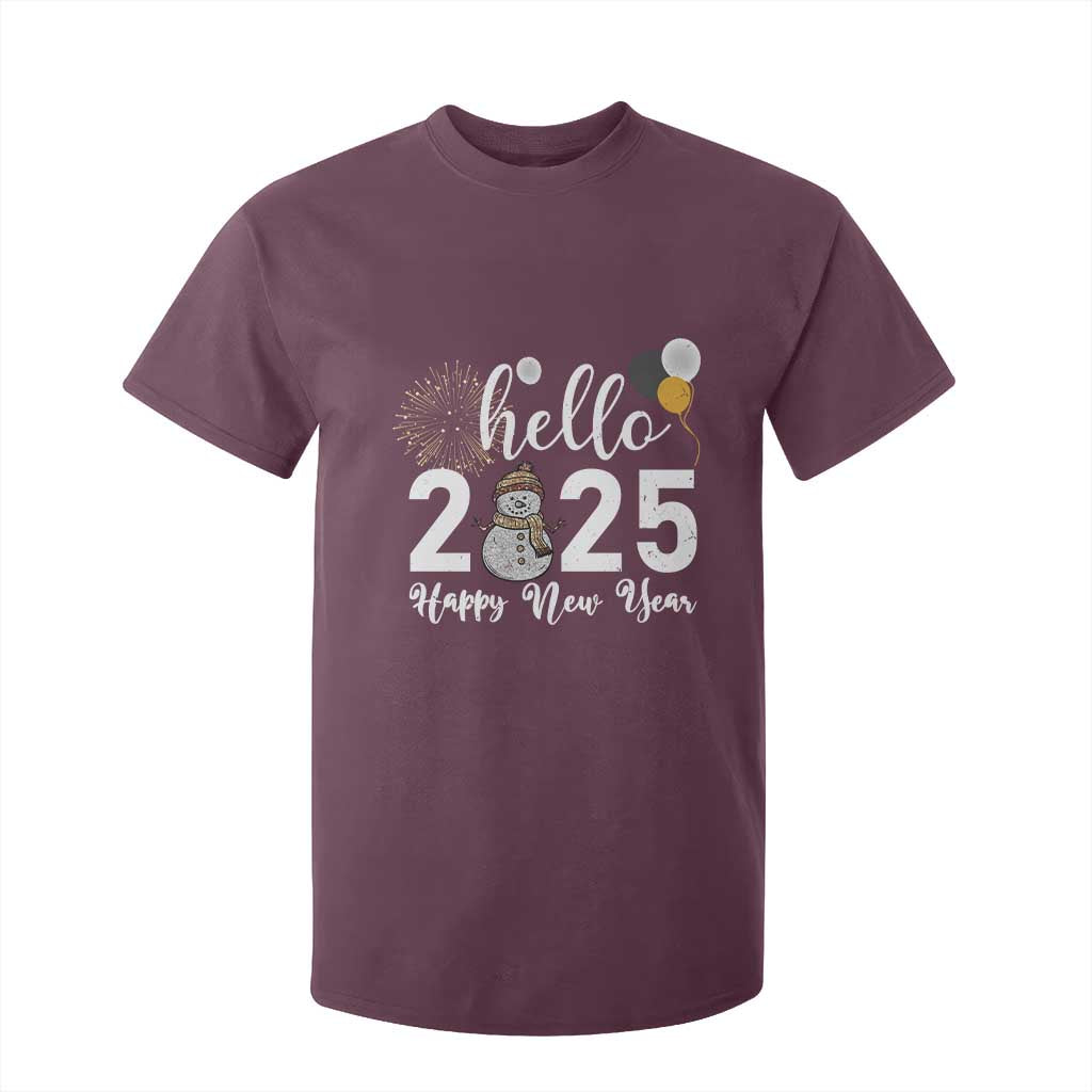 Hello 2025 Happy New Year T Shirt For Kid Snowman Firework New Year's Eve TS11 Maroon Print Your Wear