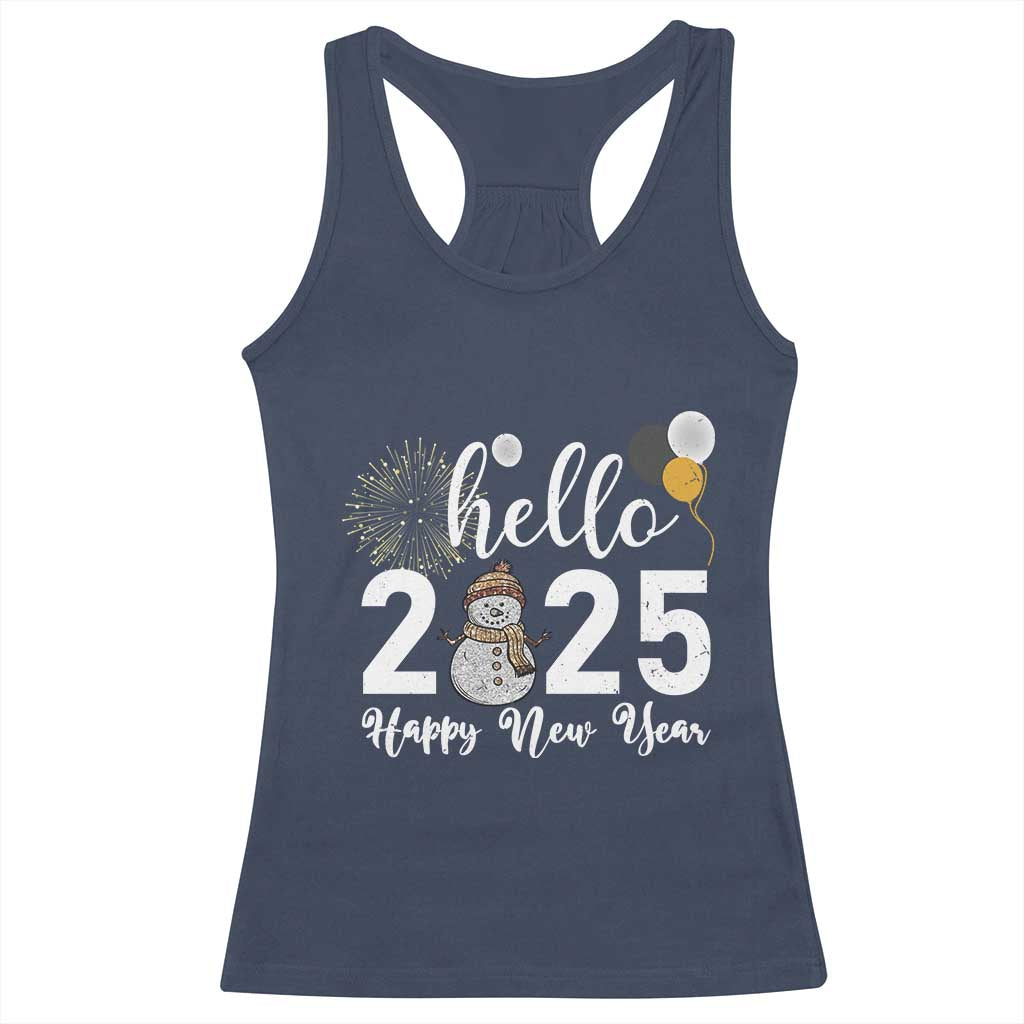 Hello 2025 Happy New Year Racerback Tank Top Snowman Firework New Year's Eve TS11 Navy Print Your Wear