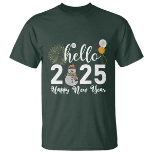 Hello 2025 Happy New Year T Shirt Snowman Firework New Year's Eve TS11 Dark Forest Green Print Your Wear