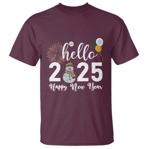Hello 2025 Happy New Year T Shirt Snowman Firework New Year's Eve TS11 Maroon Print Your Wear