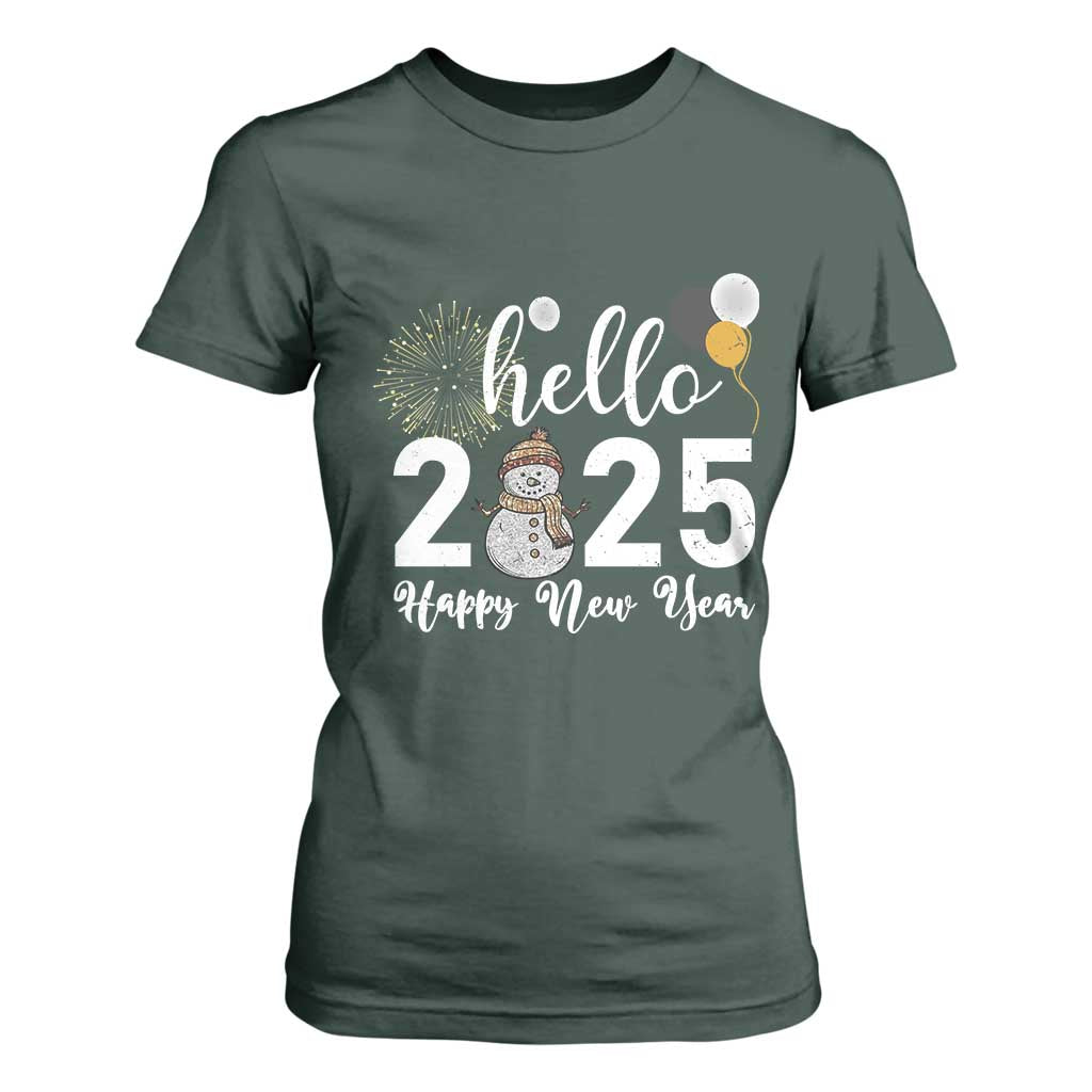 Hello 2025 Happy New Year T Shirt For Women Snowman Firework New Year's Eve TS11 Dark Forest Green Print Your Wear