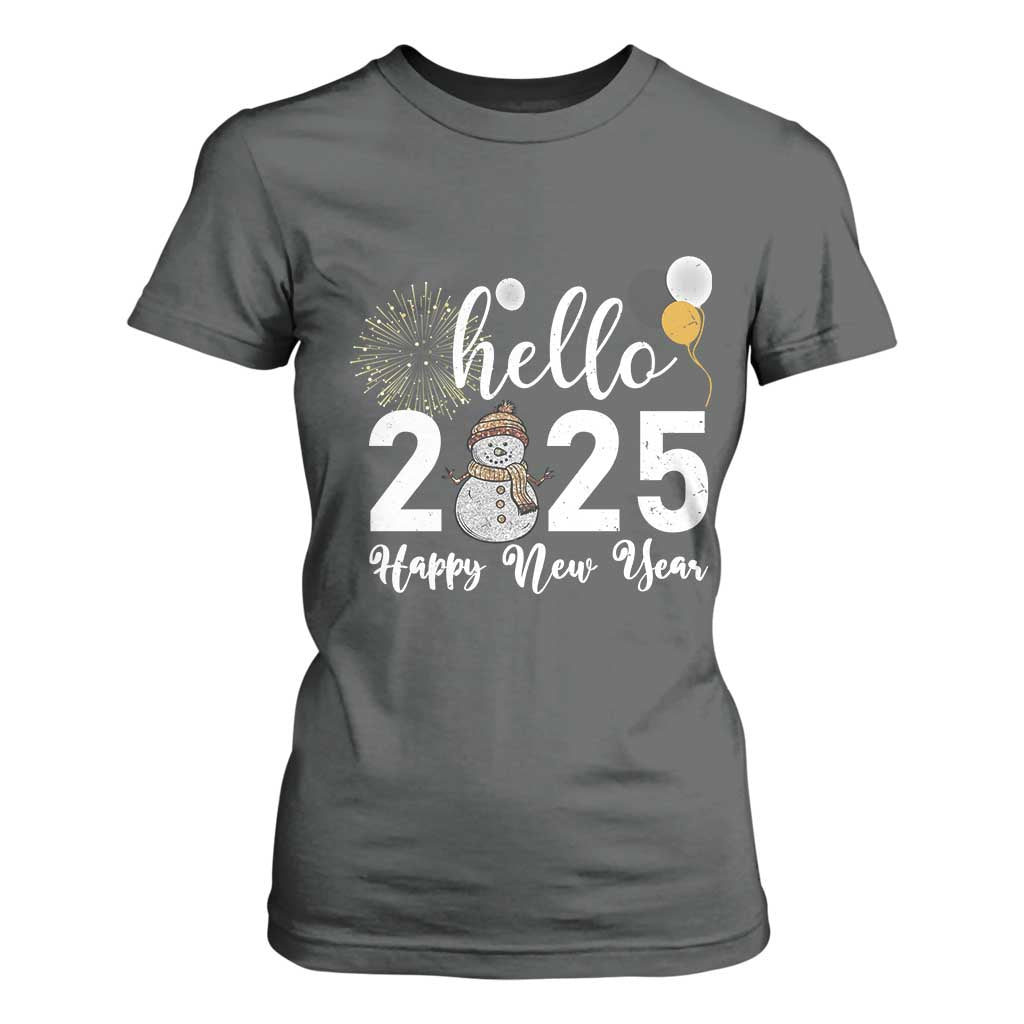 Hello 2025 Happy New Year T Shirt For Women Snowman Firework New Year's Eve TS11 Dark Heather Print Your Wear