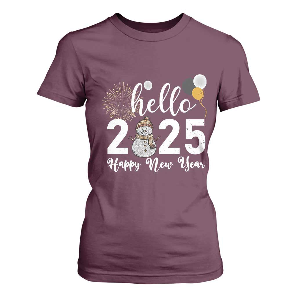 Hello 2025 Happy New Year T Shirt For Women Snowman Firework New Year's Eve TS11 Maroon Print Your Wear