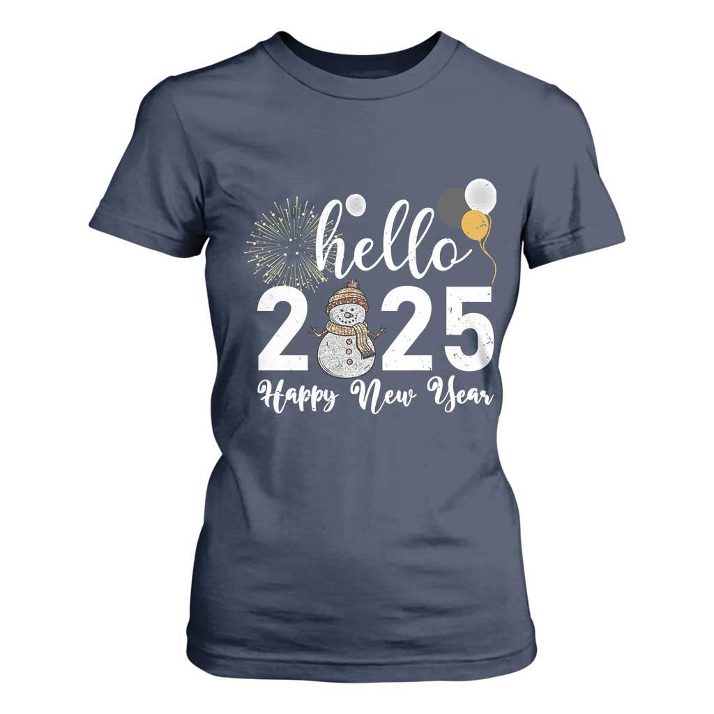 Hello 2025 Happy New Year T Shirt For Women Snowman Firework New Year's Eve TS11 Navy Print Your Wear