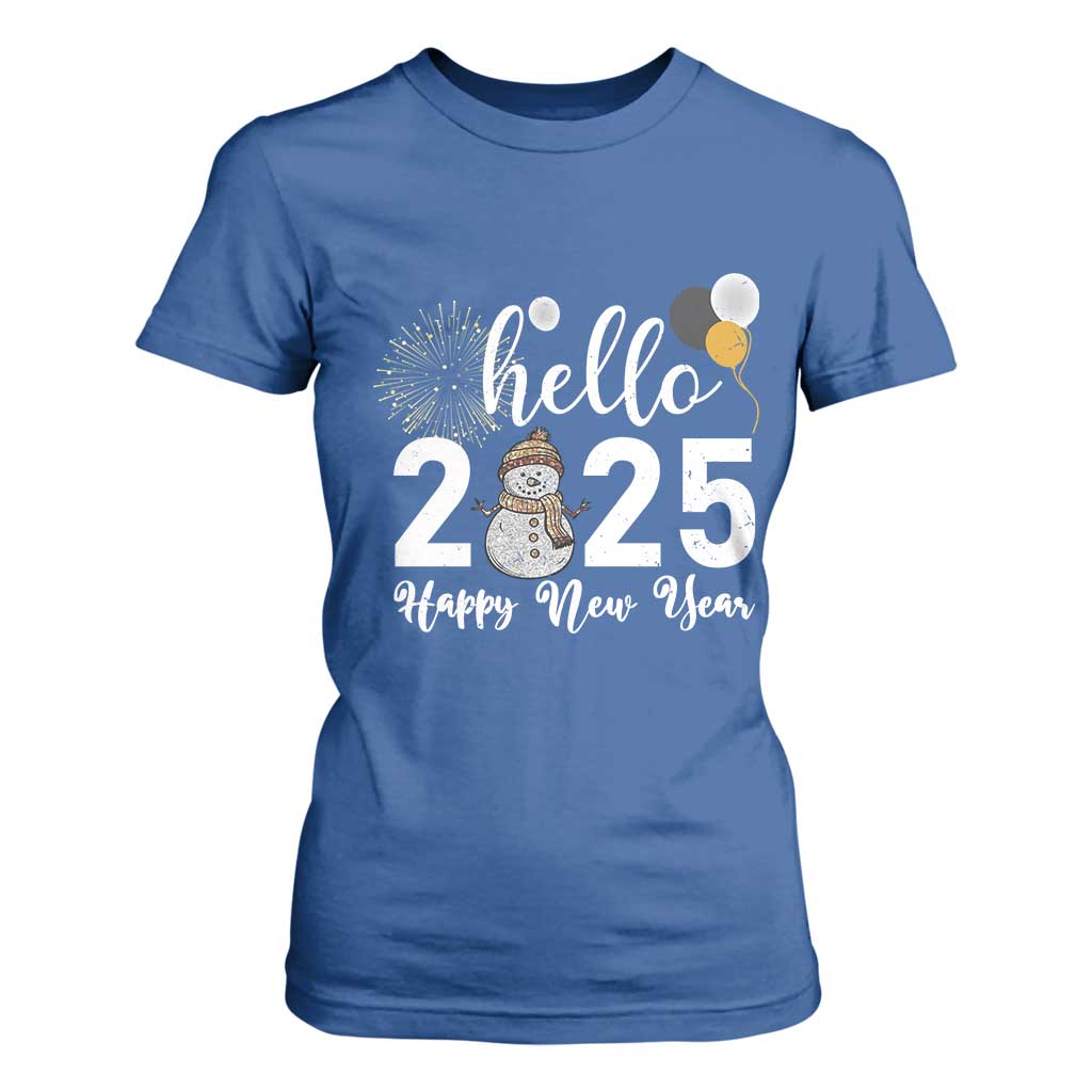 Hello 2025 Happy New Year T Shirt For Women Snowman Firework New Year's Eve TS11 Royal Blue Print Your Wear