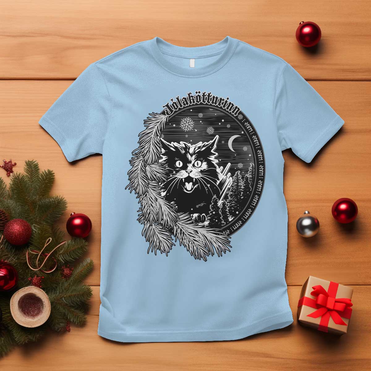 Funny Yule Black Cat Mistletoe Jolakotturinn T Shirt TS11 Light Blue Print Your Wear
