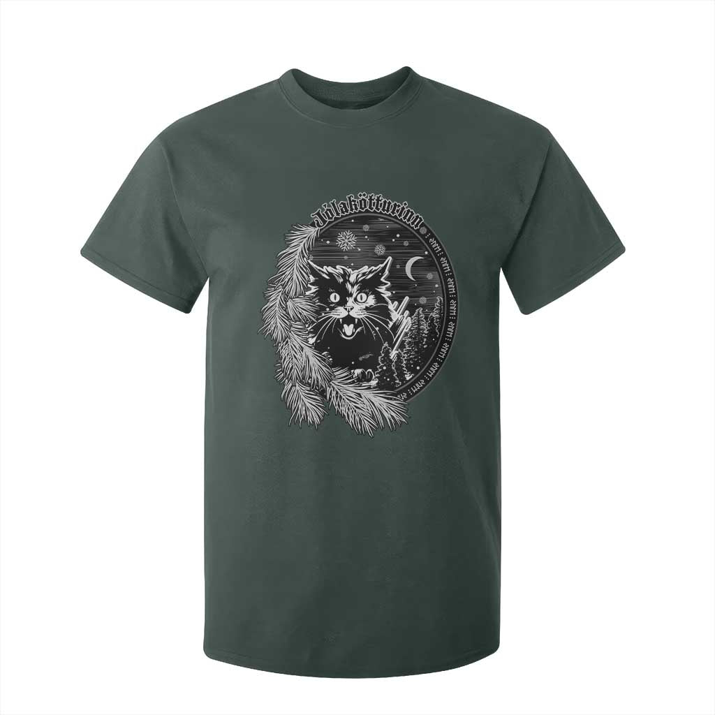 Funny Yule Black Cat Mistletoe Jolakotturinn T Shirt For Kid TS11 Dark Forest Green Print Your Wear