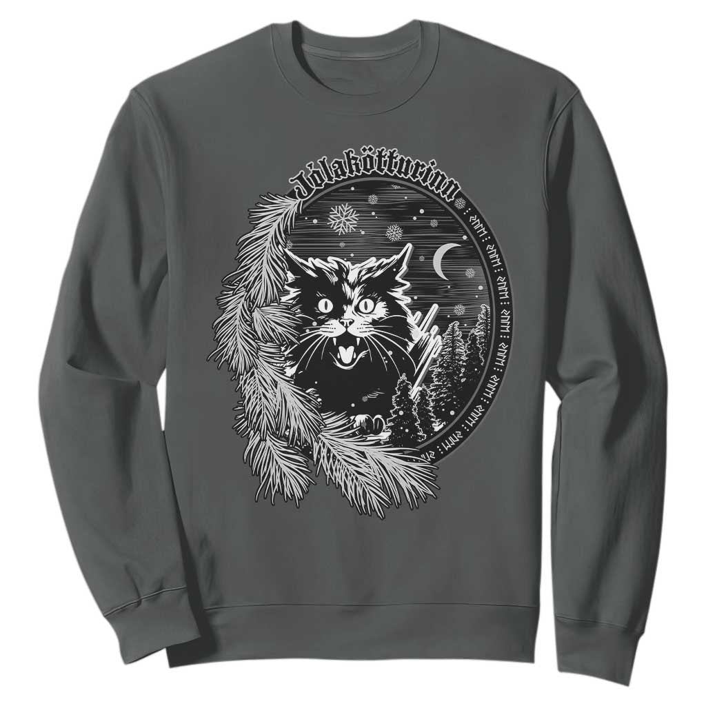 Funny Yule Black Cat Mistletoe Jolakotturinn Sweatshirt TS11 Dark Heather Print Your Wear