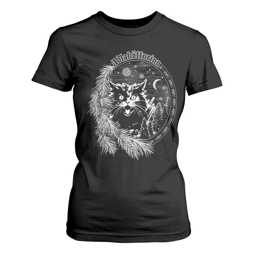 Funny Yule Black Cat Mistletoe Jolakotturinn T Shirt For Women TS11 Black Print Your Wear