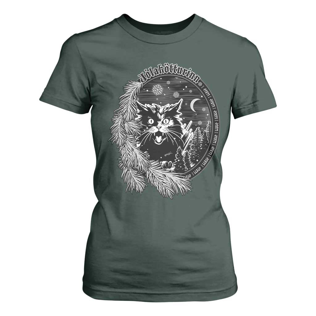Funny Yule Black Cat Mistletoe Jolakotturinn T Shirt For Women TS11 Dark Forest Green Print Your Wear
