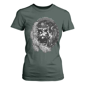 Funny Yule Black Cat Mistletoe Jolakotturinn T Shirt For Women TS11 Dark Forest Green Print Your Wear