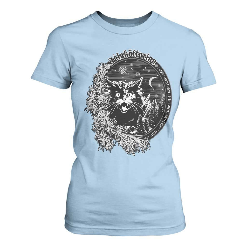 Funny Yule Black Cat Mistletoe Jolakotturinn T Shirt For Women TS11 Light Blue Print Your Wear