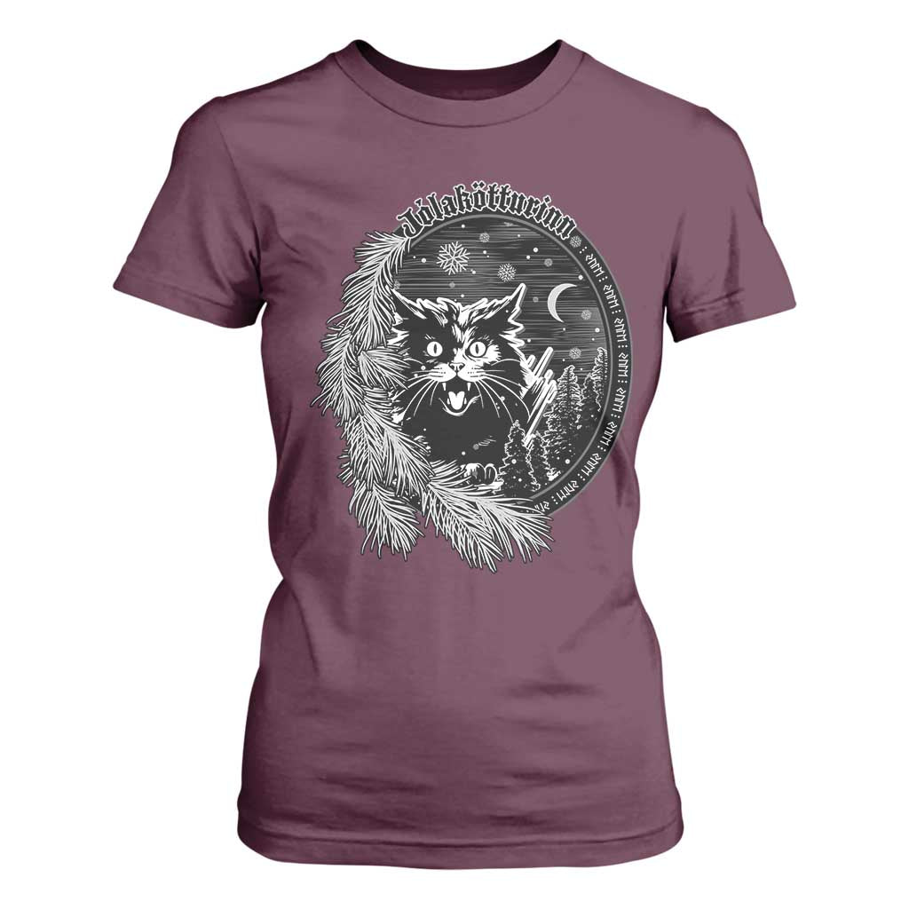 Funny Yule Black Cat Mistletoe Jolakotturinn T Shirt For Women TS11 Maroon Print Your Wear