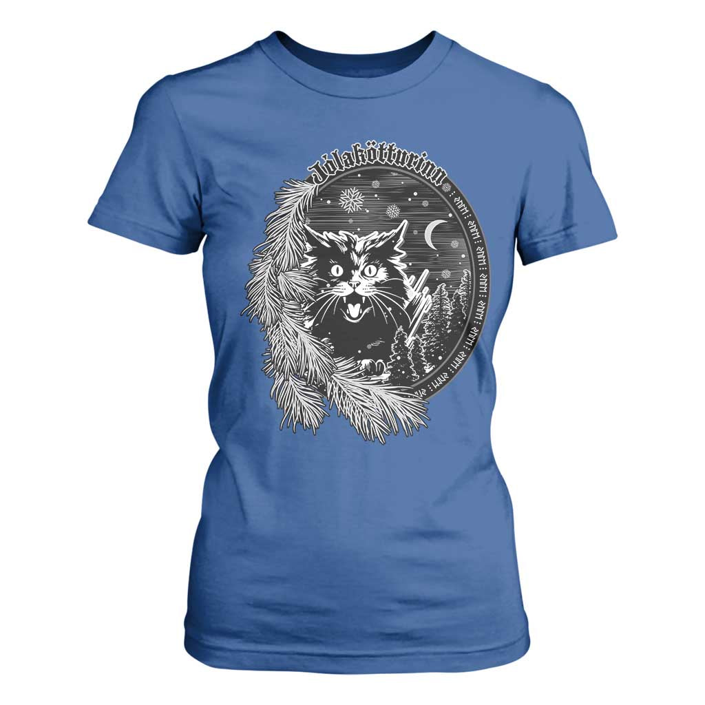 Funny Yule Black Cat Mistletoe Jolakotturinn T Shirt For Women TS11 Royal Blue Print Your Wear