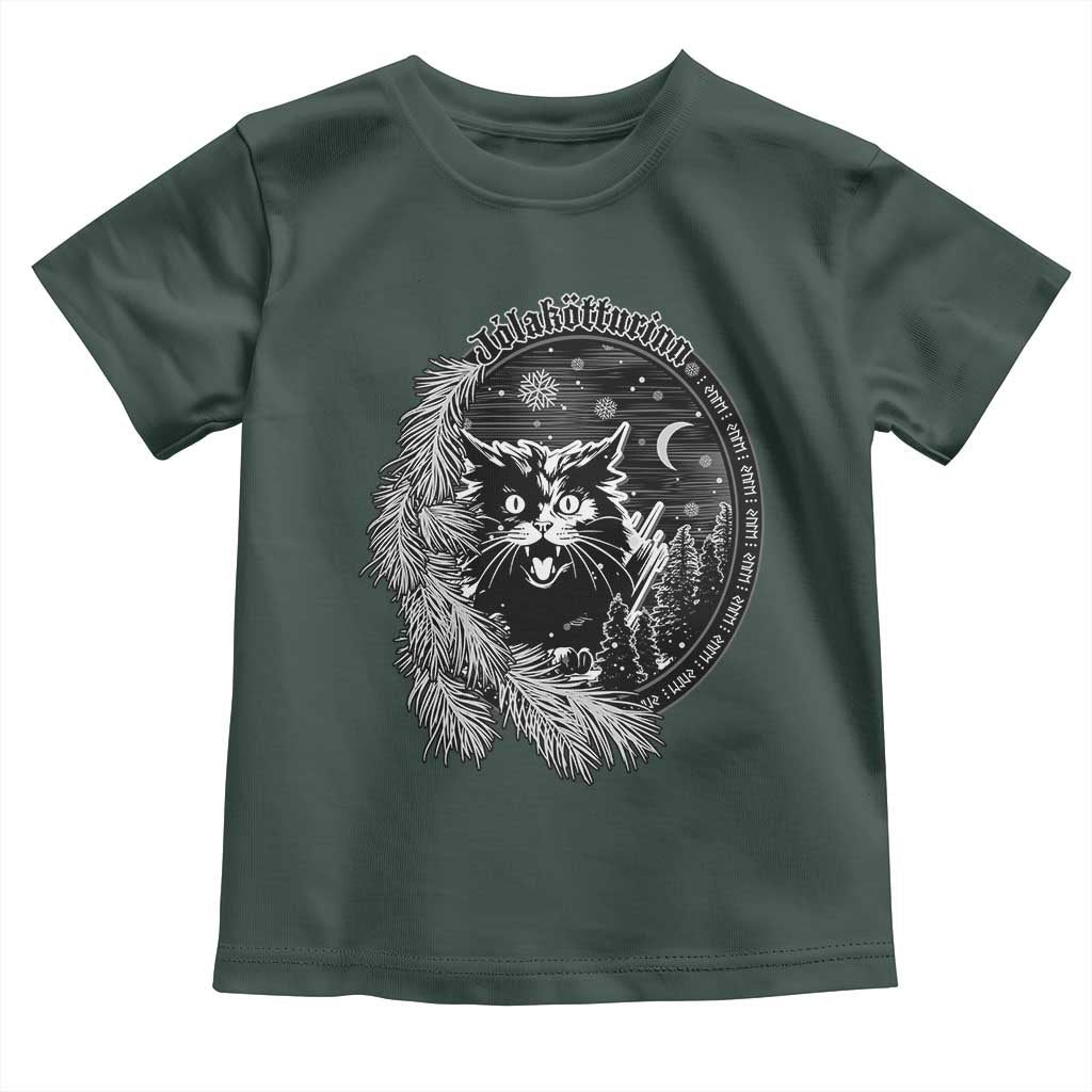 Funny Yule Black Cat Mistletoe Jolakotturinn Toddler T Shirt TS11 Dark Forest Green Print Your Wear