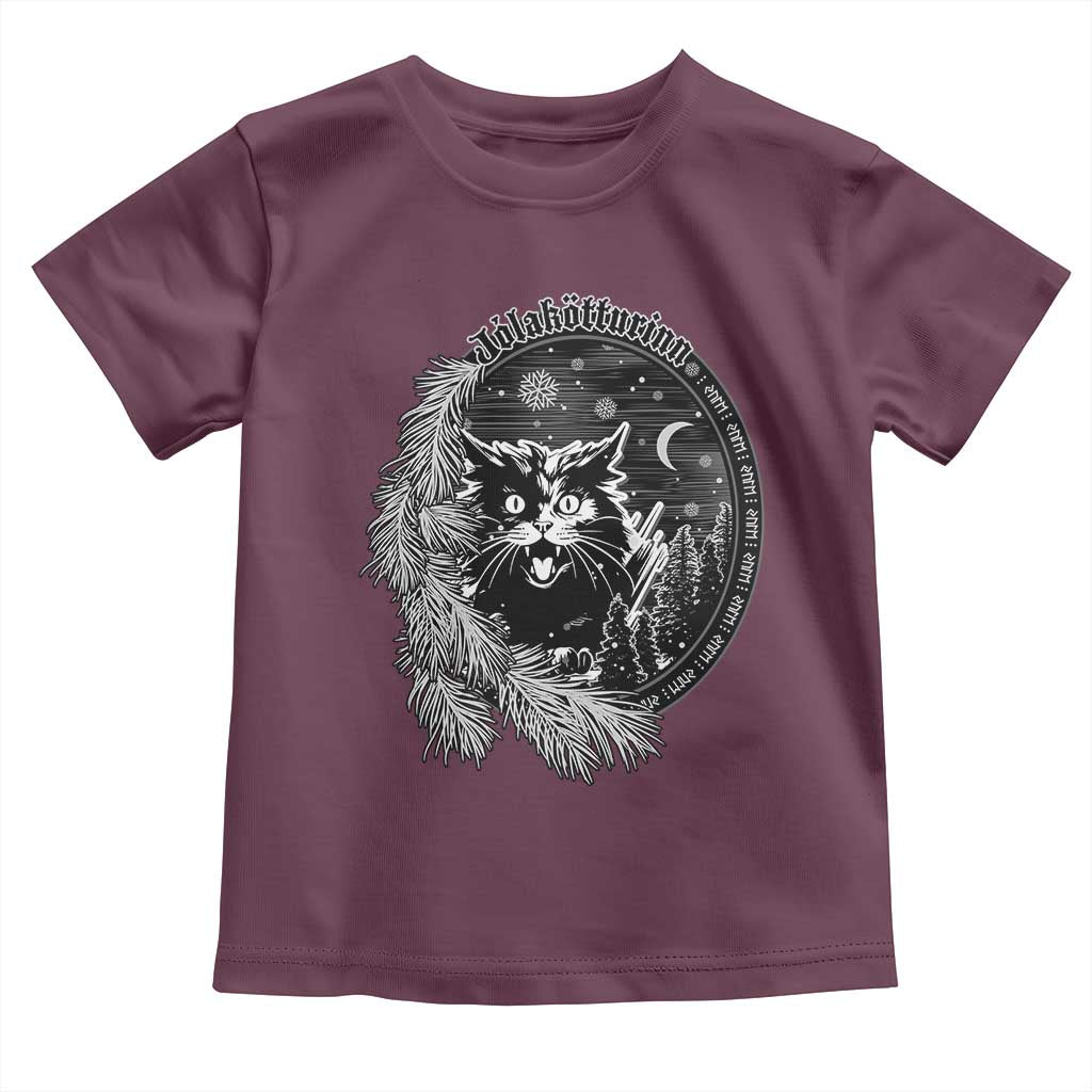 Funny Yule Black Cat Mistletoe Jolakotturinn Toddler T Shirt TS11 Maroon Print Your Wear