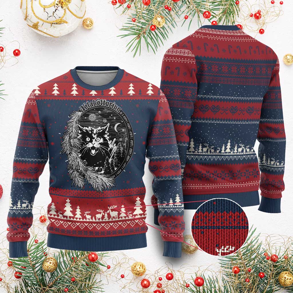 Funny Yule Black Cat Mistletoe Jolakotturinn Ugly Christmas Sweater TS11 Burgundy Print Your Wear
