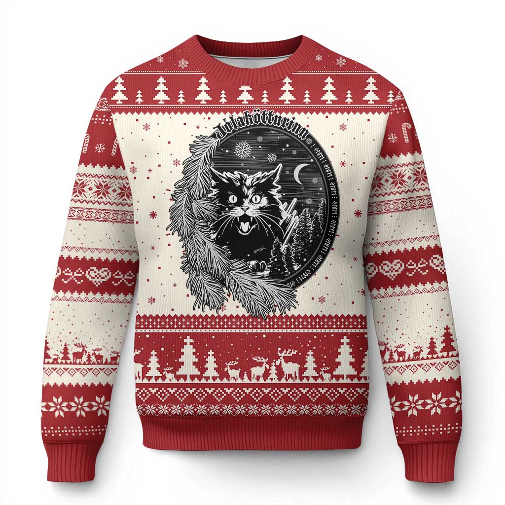 Funny Yule Black Cat Mistletoe Jolakotturinn Ugly Christmas Sweater TS11 Red Print Your Wear