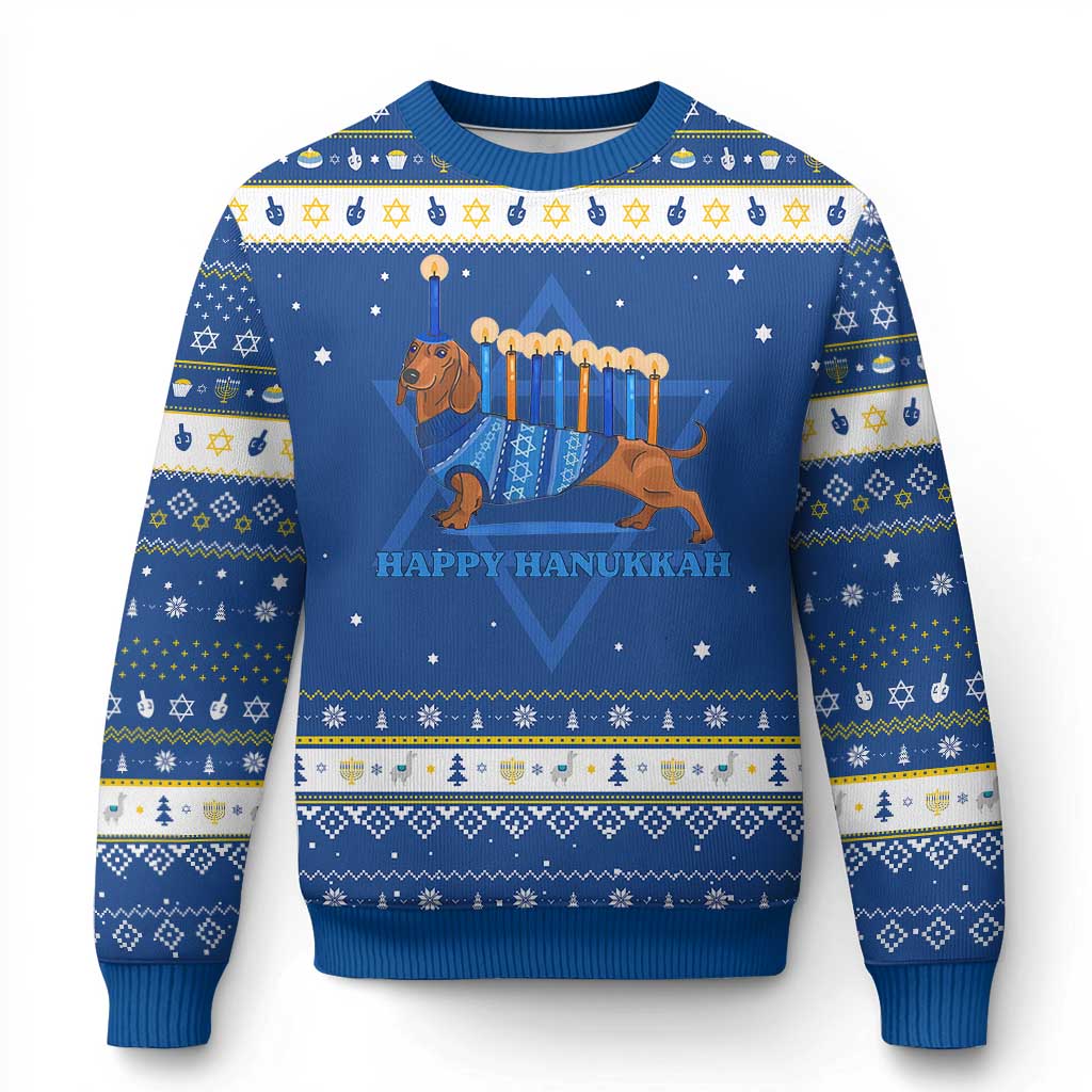Happy Dachshund Hanukkah Ugly Sweater Wiener Dog Menorah Chanukah TS11 Blue White Print Your Wear
