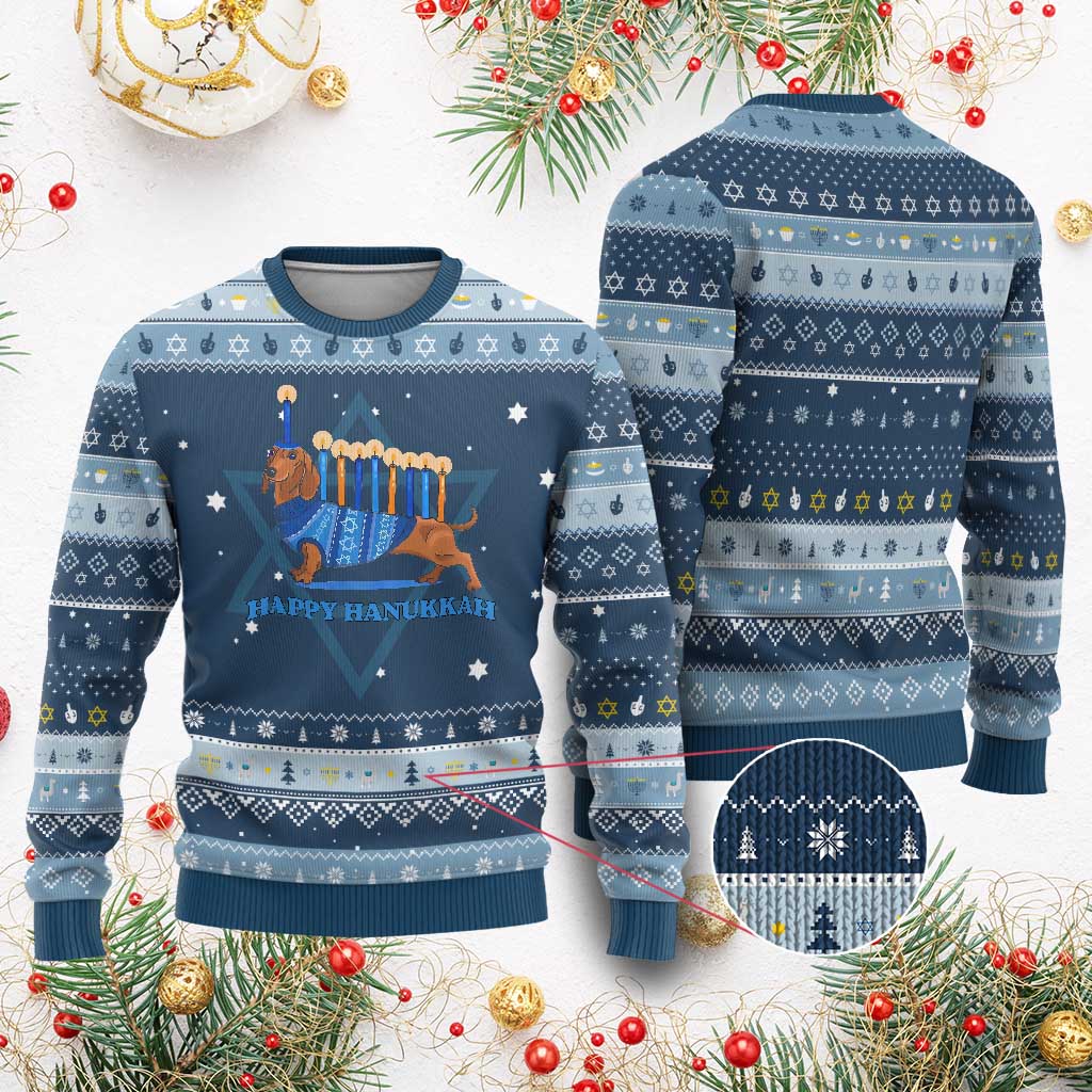 Happy Dachshund Hanukkah Ugly Sweater Wiener Dog Menorah Chanukah TS11 Navy Light Blue Print Your Wear