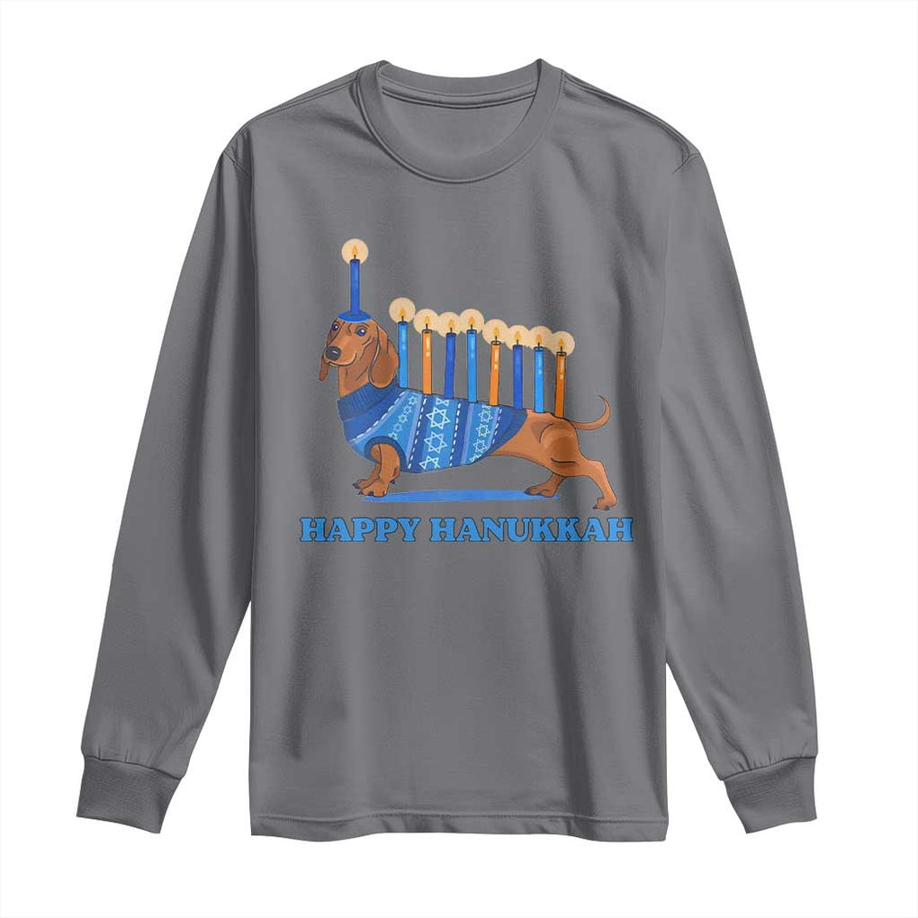 Funny Happy Hanukkah Dachshund Wiener Dog Menorah Long Sleeve Shirt TS11 Charcoal Print Your Wear
