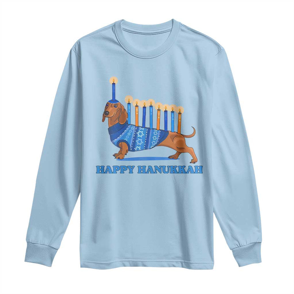 Funny Happy Hanukkah Dachshund Wiener Dog Menorah Long Sleeve Shirt TS11 Light Blue Print Your Wear