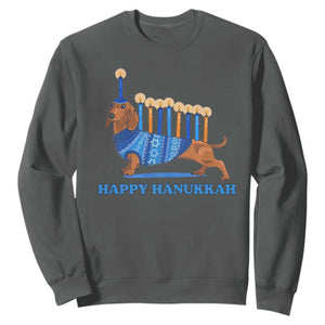 Funny Happy Hanukkah Dachshund Wiener Dog Menorah Sweatshirt TS11 Dark Heather Print Your Wear