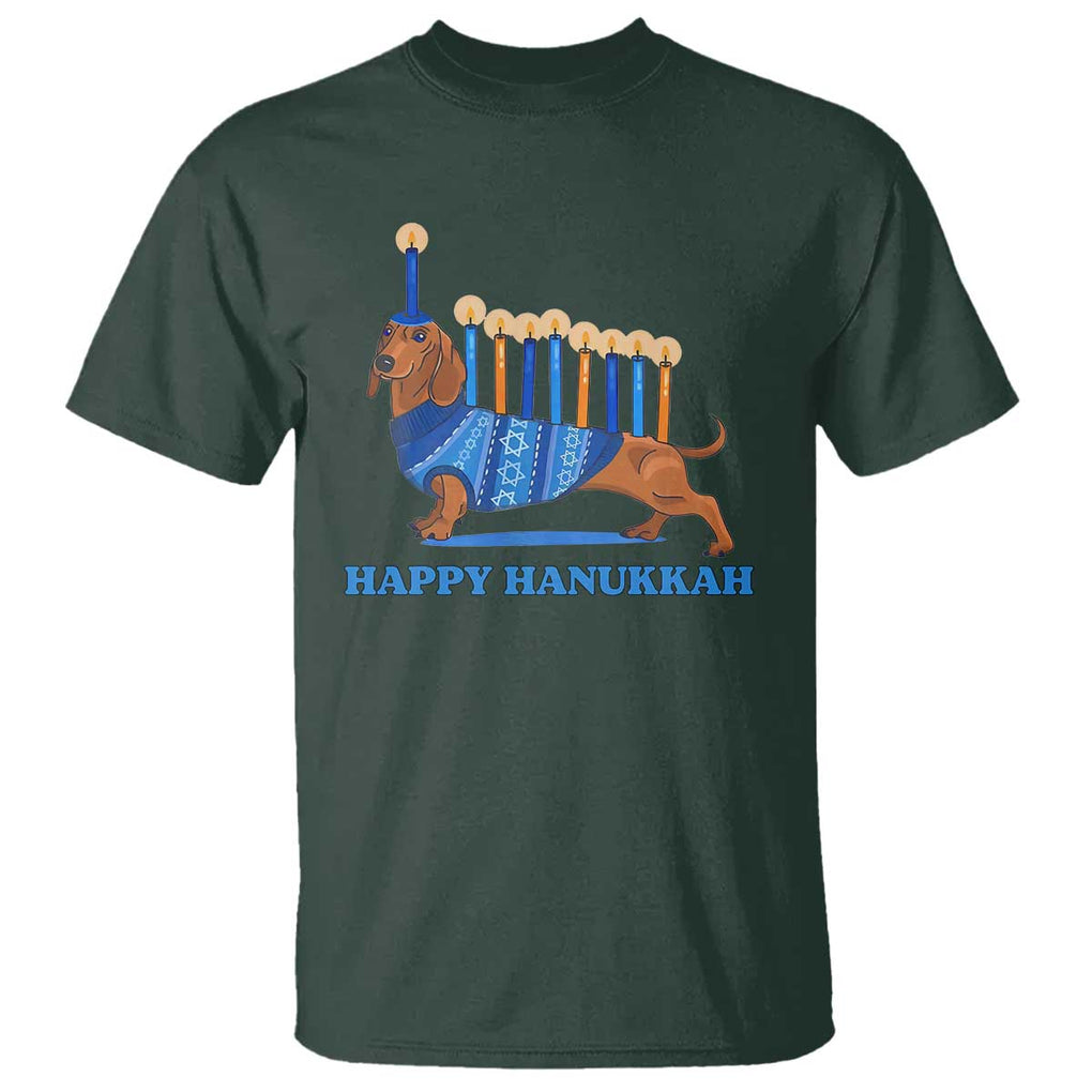 Funny Happy Hanukkah Dachshund Wiener Dog Menorah T Shirt TS11 Dark Forest Green Print Your Wear