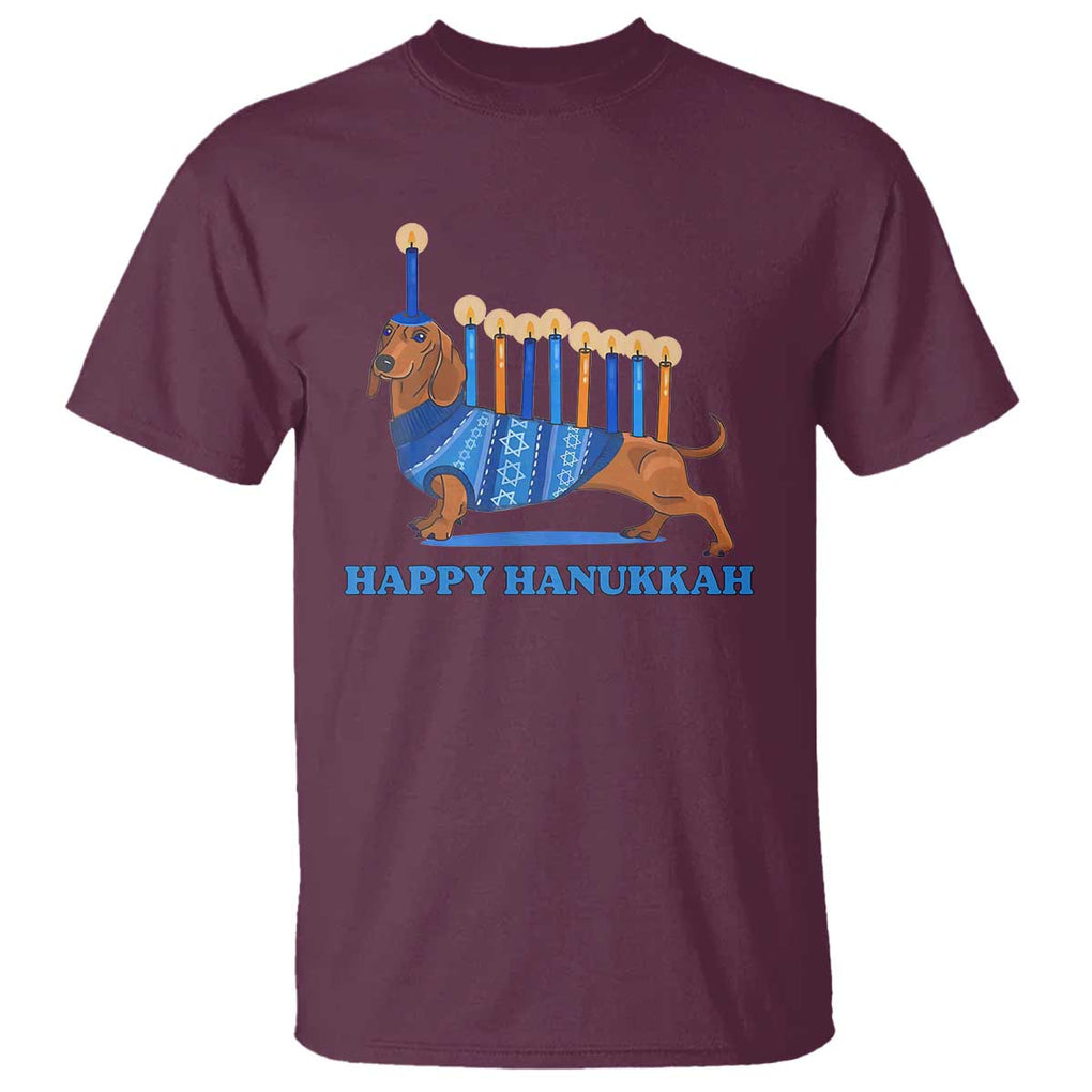 Funny Happy Hanukkah Dachshund Wiener Dog Menorah T Shirt TS11 Maroon Print Your Wear