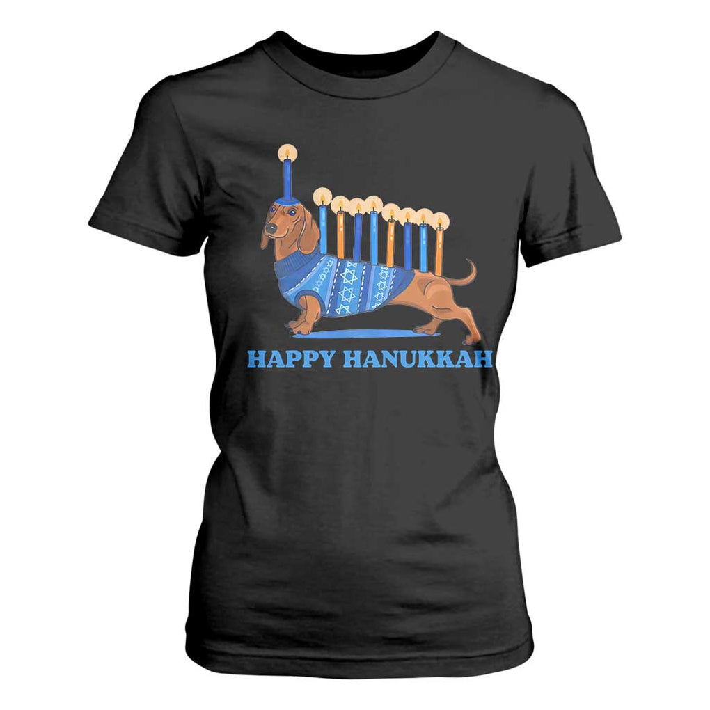 Funny Happy Hanukkah Dachshund Wiener Dog Menorah T Shirt For Women TS11 Black Print Your Wear