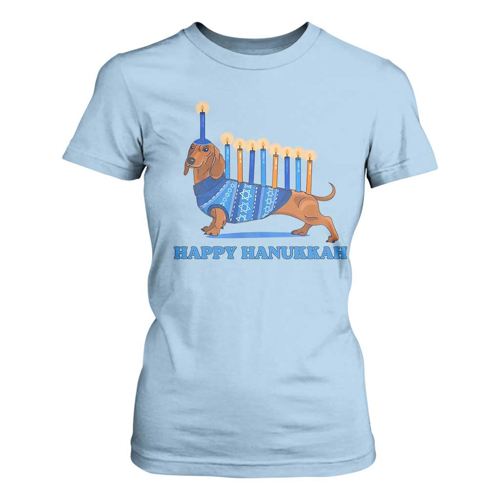 Funny Happy Hanukkah Dachshund Wiener Dog Menorah T Shirt For Women TS11 Light Blue Print Your Wear