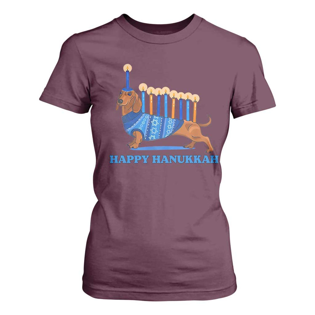Funny Happy Hanukkah Dachshund Wiener Dog Menorah T Shirt For Women TS11 Maroon Print Your Wear