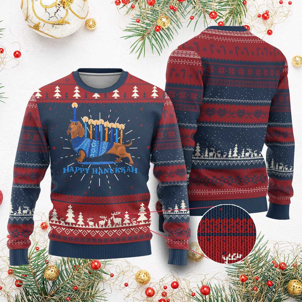 Funny Happy Hanukkah Dachshund Wiener Dog Menorah Ugly Christmas Sweater TS11 Burgundy Print Your Wear