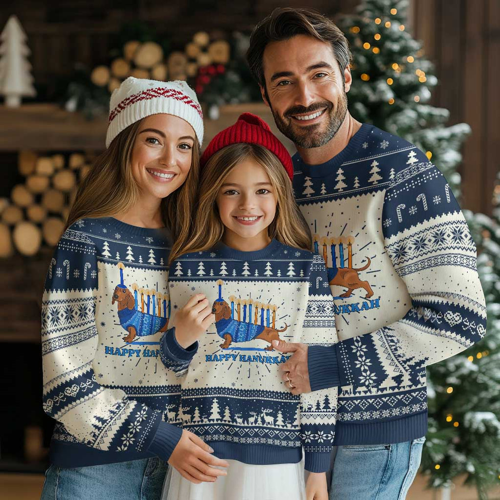 Funny Happy Hanukkah Dachshund Wiener Dog Menorah Ugly Christmas Sweater TS11 Navy Print Your Wear