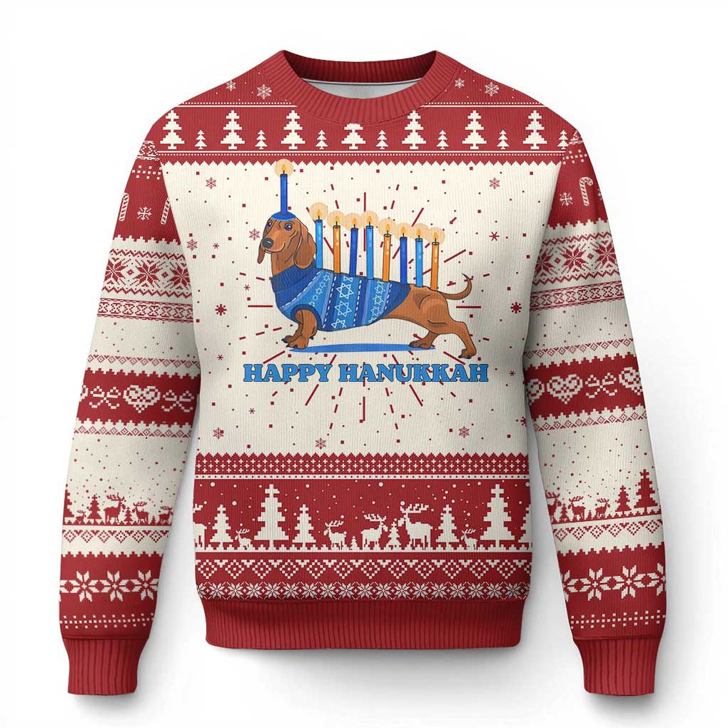 Funny Happy Hanukkah Dachshund Wiener Dog Menorah Ugly Christmas Sweater TS11 Red Print Your Wear