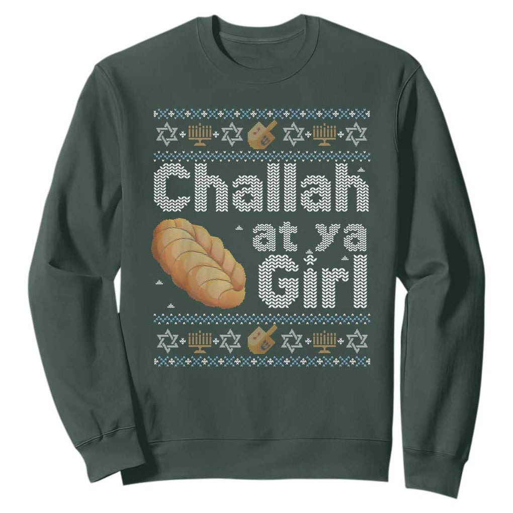 Funny Hanukkah Sweatshirt Challah At Ya Girl Jewish Holiday TS11 Dark Forest Green Print Your Wear
